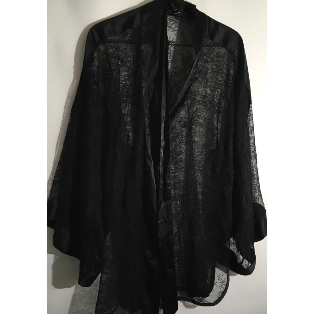 Victoria's Secret Sheer Lace Floral Kimono Short Satin Robe Black Women's XS